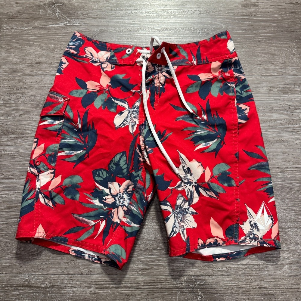 Volcom Board Shorts Mens 25 Floral Red Drawstring Swim Trunks Surf Outdoor Beach